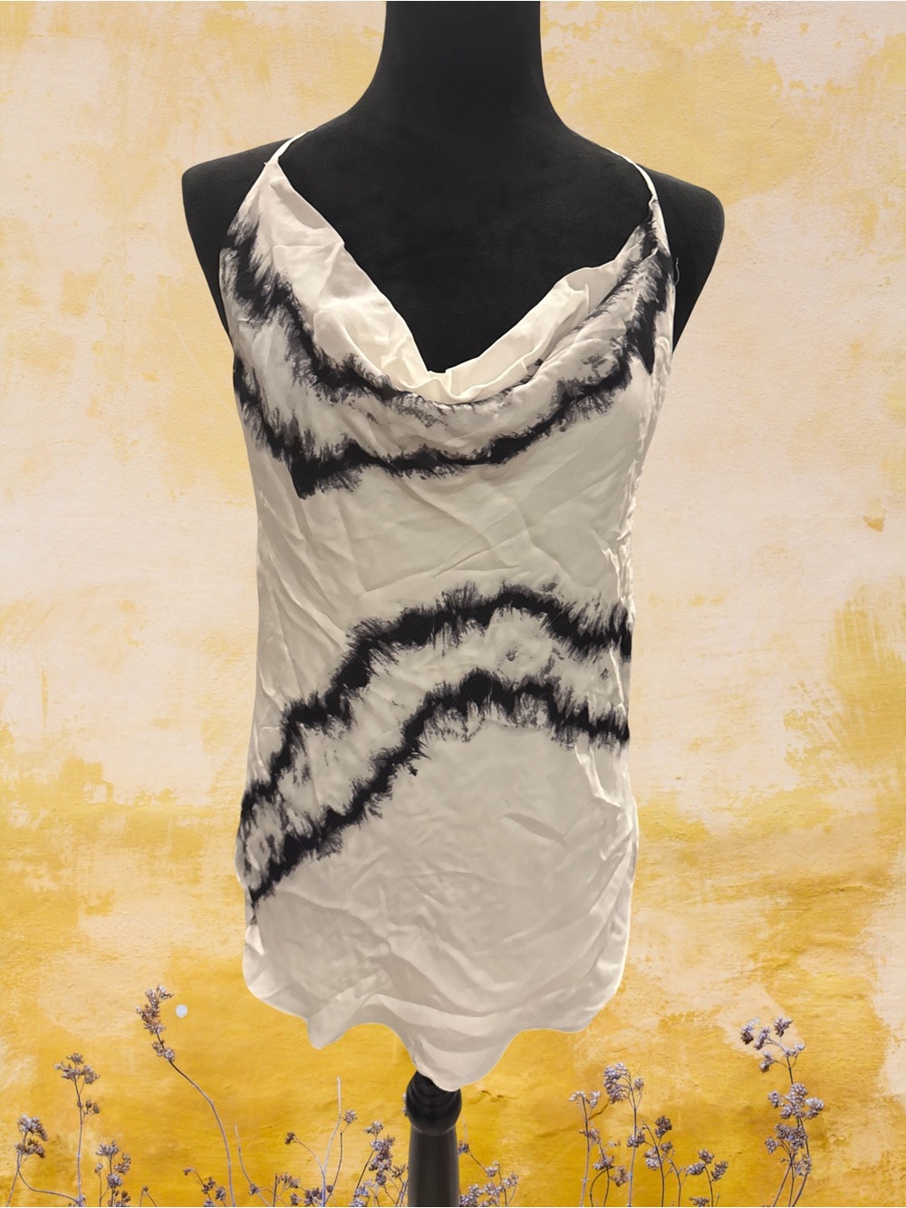 Haute Hippie White and Black Tie-Dye Cowl Neck Silk Camisole